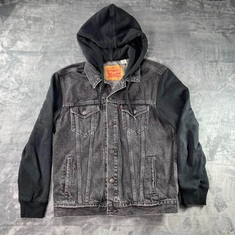 Levi's Hybrid Hooded Trucker Jacket Black Mens Size Large (L) Button